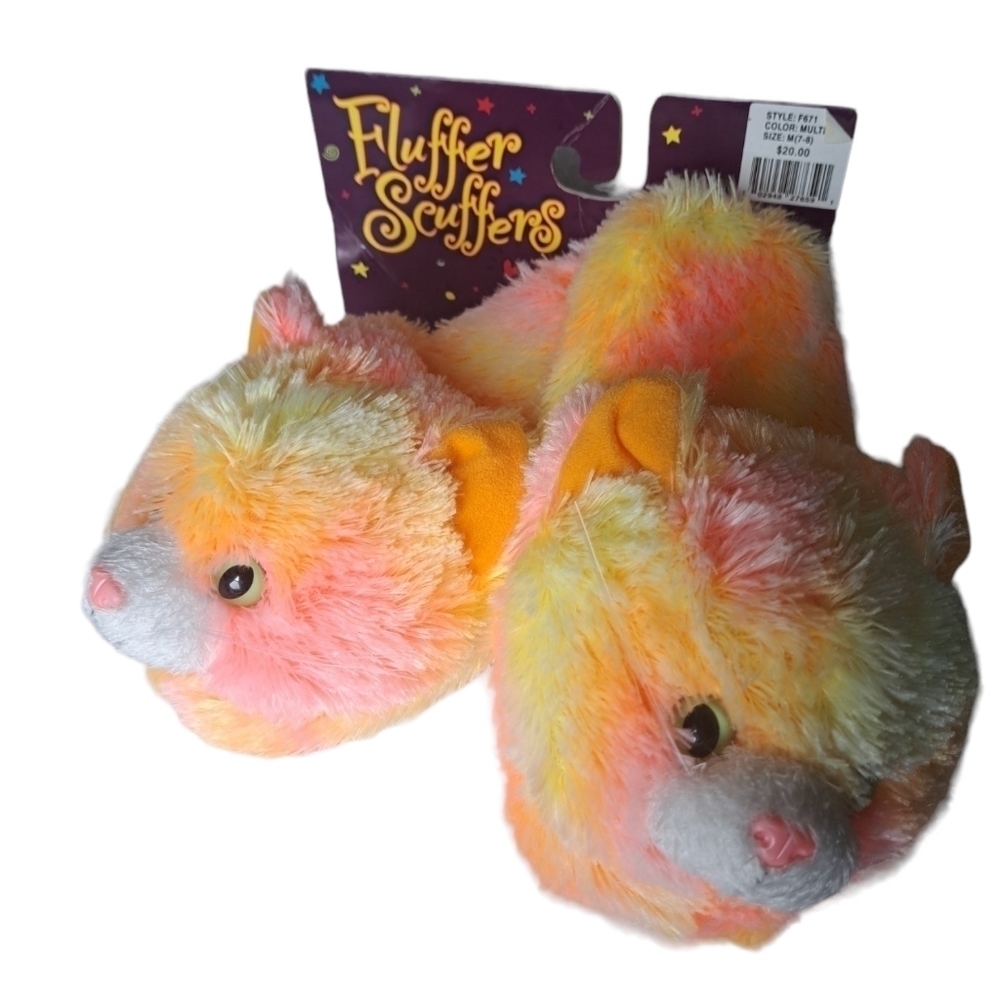 Fluffer Scuffers FURRY KITTY CAT tie dye colors fun animal slippers grip M 7-8